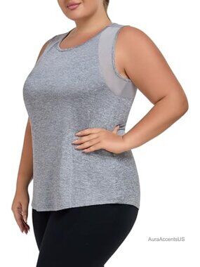Plus Size Mesh Panel Yoga Tank Top Athletic Sleeveless Workout Shirt Loose Fit